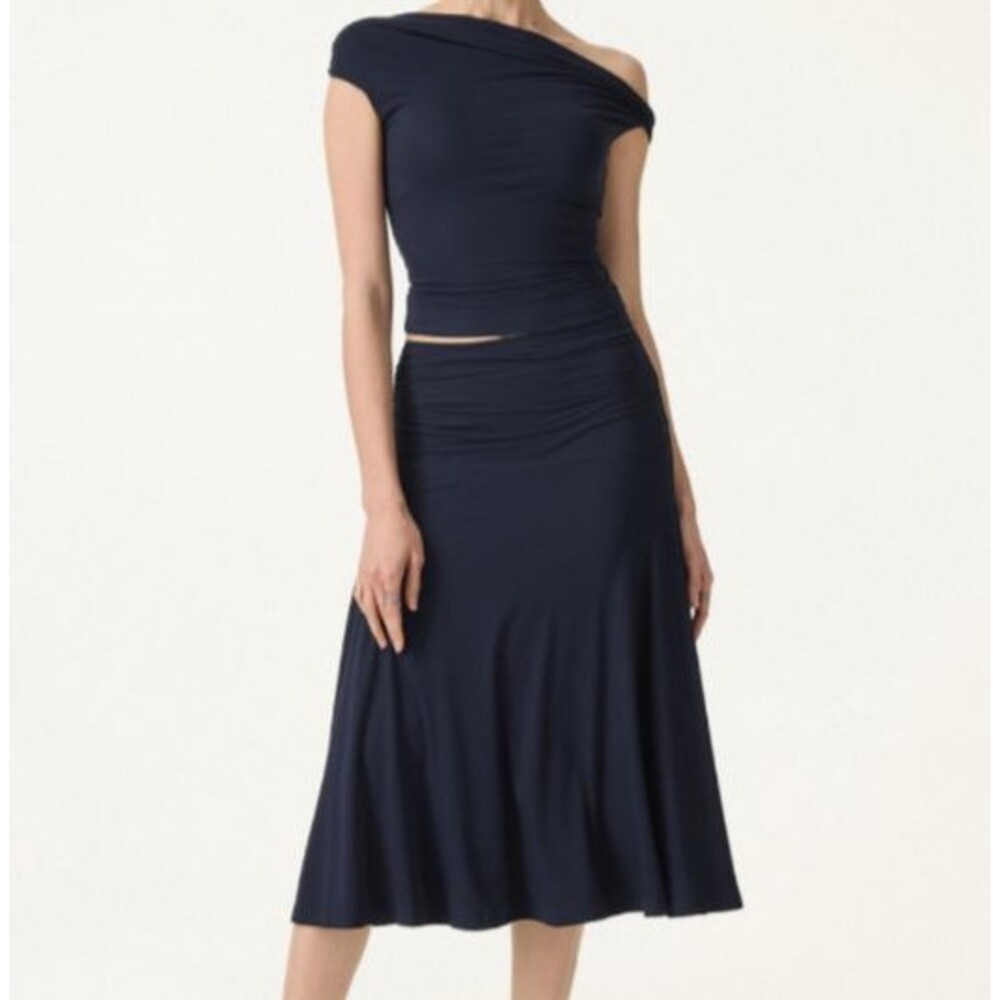 OGL Set Eco SkinKiss Multi-wear Bra Top & Side Ruched A-line Midi Skirt Navy S